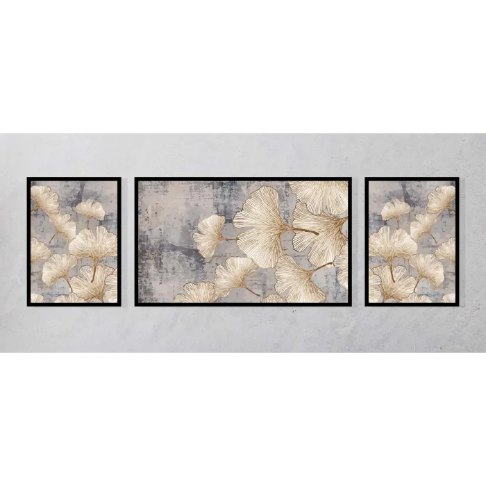 3lü Dekoratif Çizgili Yapraklar Çerçeveli Tablo Life , Ev Dekoru , Soyut Tablo , Ahşap Tablo