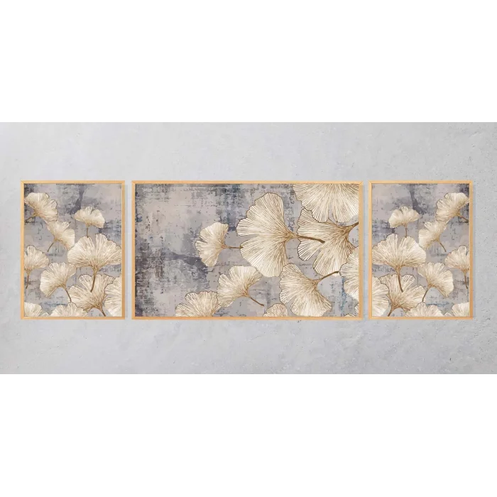 3lü Dekoratif Çizgili Yapraklar Çerçeveli Tablo Life , Ev Dekoru , Soyut Tablo , Ahşap Tablo