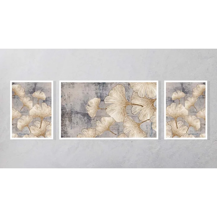 3lü Dekoratif Çizgili Yapraklar Çerçeveli Tablo Life , Ev Dekoru , Soyut Tablo , Ahşap Tablo