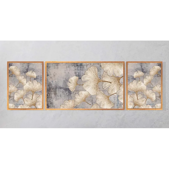 3lü Dekoratif Çizgili Yapraklar Çerçeveli Tablo Life , Ev Dekoru , Soyut Tablo , Ahşap Tablo