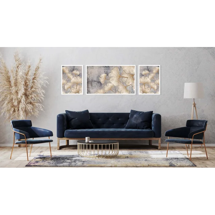 3lü Dekoratif Çizgili Yapraklar Çerçeveli Tablo Life , Ev Dekoru , Soyut Tablo , Ahşap Tablo