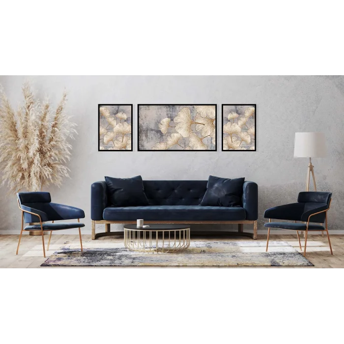 3lü Dekoratif Çizgili Yapraklar Çerçeveli Tablo Life , Ev Dekoru , Soyut Tablo , Ahşap Tablo