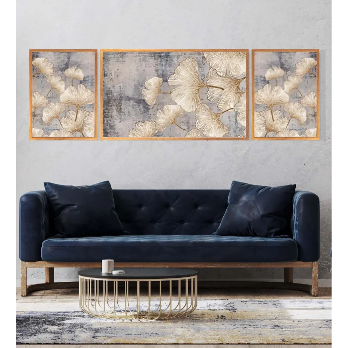 3lü Dekoratif Çizgili Yapraklar Çerçeveli Tablo Life , Ev Dekoru , Soyut Tablo , Ahşap Tablo