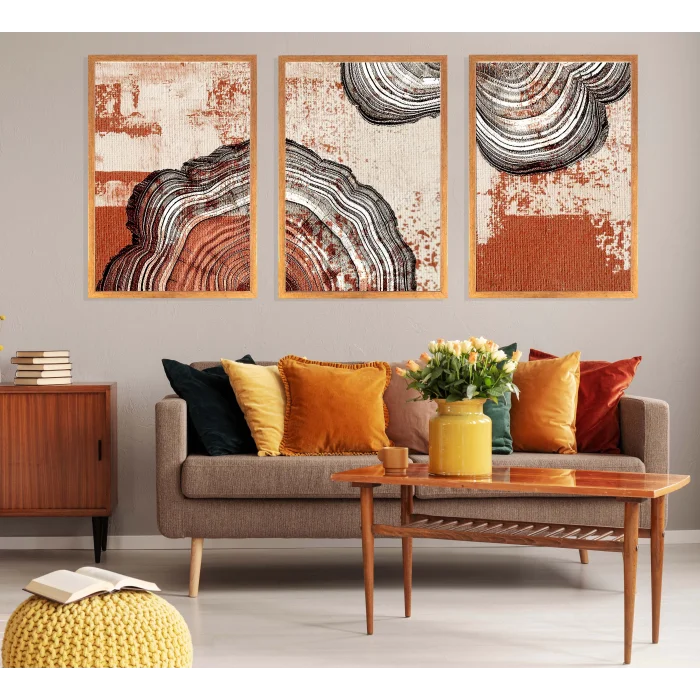 3lü Dekoratif Desenli Çerçeveli Tablo , Ev Dekoru , Soyut Tablo , Ahşap Tablo