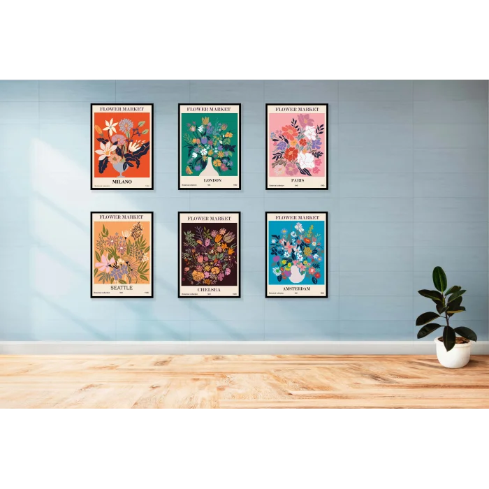 6lı Dekoratif Flowers Çerçeveli Tablo , Ev Dekoru , Soyut Tablo , Ahşap Tablo