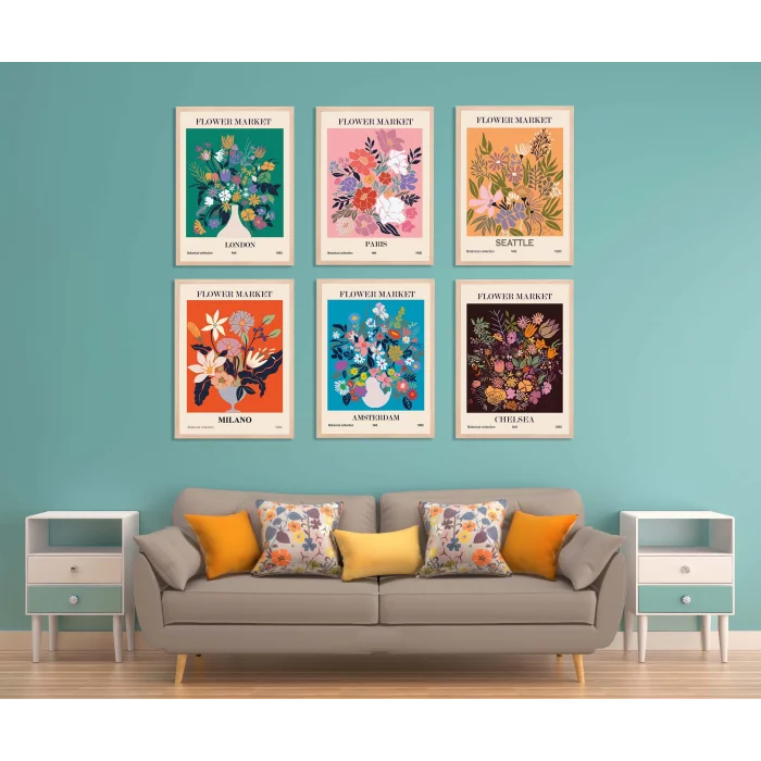 6lı Dekoratif Flowers Çerçeveli Tablo , Ev Dekoru , Soyut Tablo , Ahşap Tablo