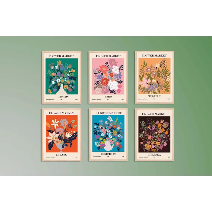 6lı Dekoratif Flowers Çerçeveli Tablo , Ev Dekoru , Soyut Tablo , Ahşap Tablo