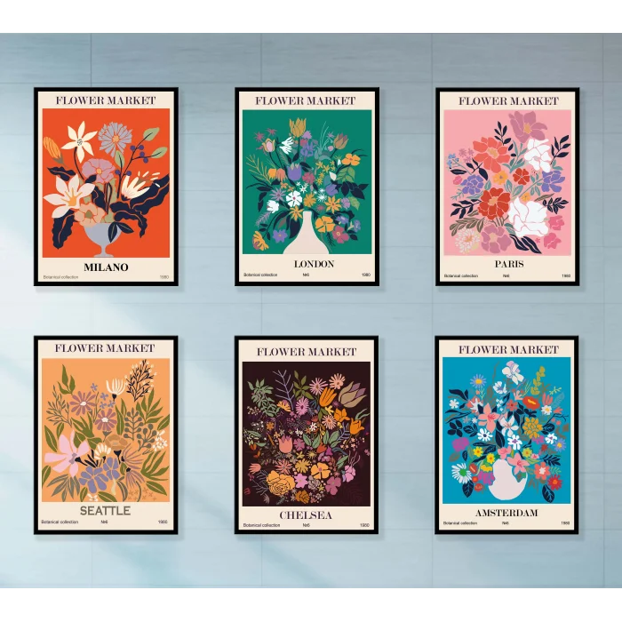 6lı Dekoratif Flowers Çerçeveli Tablo , Ev Dekoru , Soyut Tablo , Ahşap Tablo