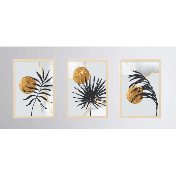 3lü Dekoratif Güneş ve Tüy Çerçeveli Tablo , Ev Dekoru , Soyut Tablo , Ahşap Tablo