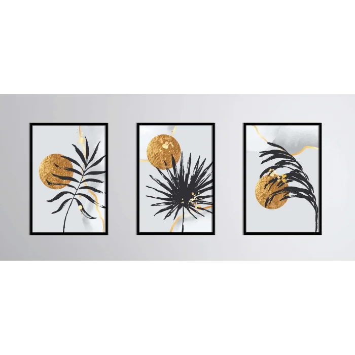 3lü Dekoratif Güneş ve Tüy Çerçeveli Tablo , Ev Dekoru , Soyut Tablo , Ahşap Tablo