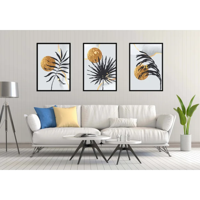 3lü Dekoratif Güneş ve Tüy Çerçeveli Tablo , Ev Dekoru , Soyut Tablo , Ahşap Tablo