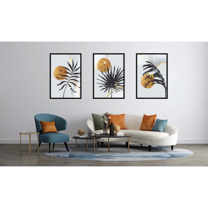 3lü Dekoratif Güneş ve Tüy Çerçeveli Tablo , Ev Dekoru , Soyut Tablo , Ahşap Tablo