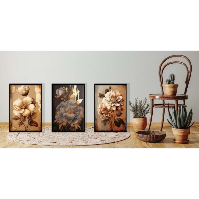 3lü Dekoratif Kahve Çiçekler Çerçeveli Tablo , Ev Dekoru , Soyut Tablo , Ahşap Tablo