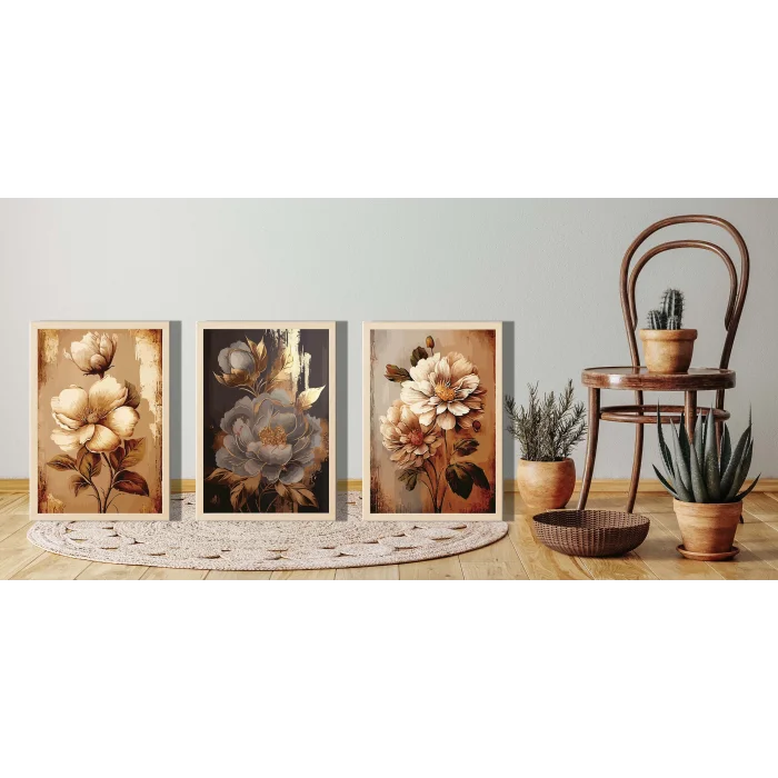 3lü Dekoratif Kahve Çiçekler Çerçeveli Tablo , Ev Dekoru , Soyut Tablo , Ahşap Tablo