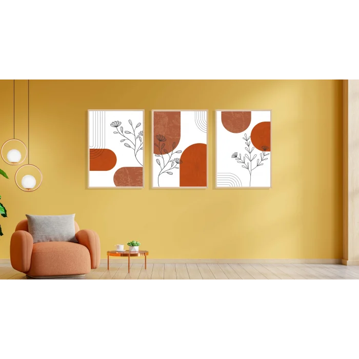 3lü Dekoratif Modern Yaprak Çerçeveli Tablo , Ev Dekoru , Soyut Tablo , Ahşap Tablo
