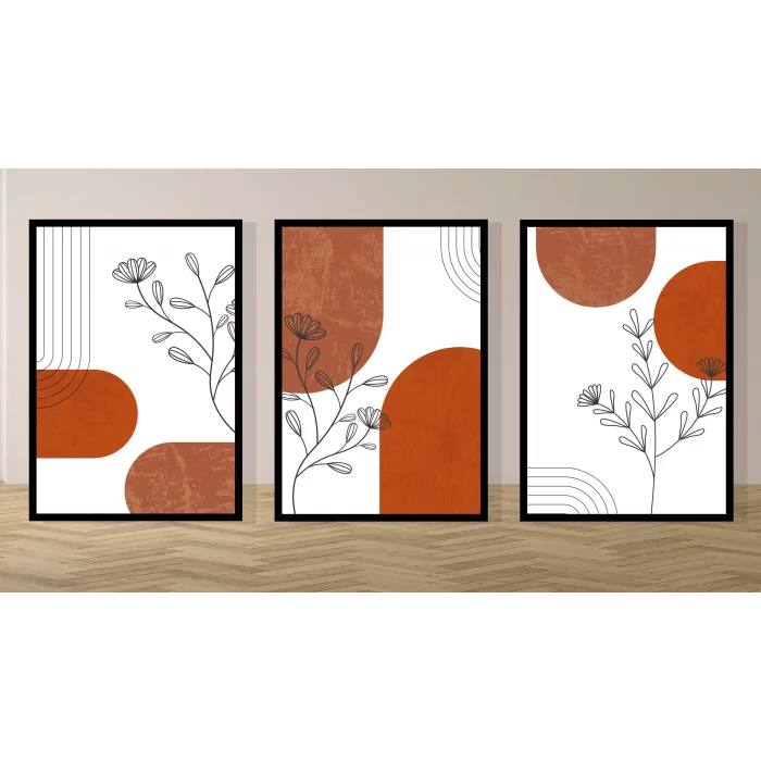3lü Dekoratif Modern Yaprak Çerçeveli Tablo , Ev Dekoru , Soyut Tablo , Ahşap Tablo