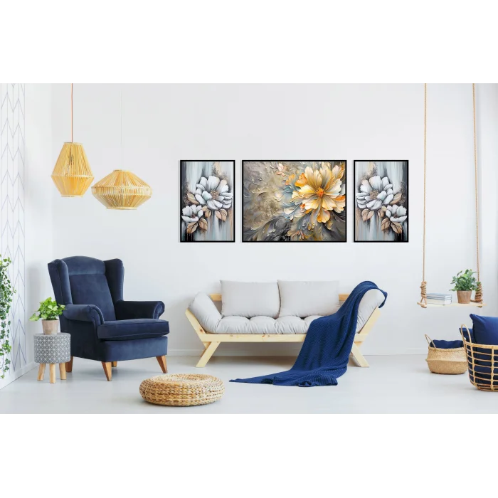 3lü Dekoratif Yağlı Boya Görünümlü Çerçeveli Tablo , Ev Dekoru , Soyut Tablo , Ahşap Tablo