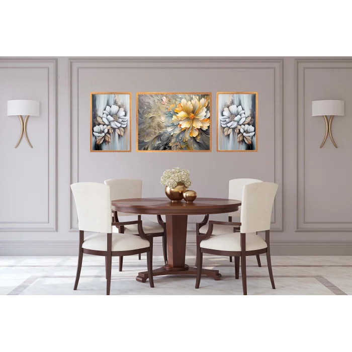 3lü Dekoratif Yağlı Boya Görünümlü Çerçeveli Tablo , Ev Dekoru , Soyut Tablo , Ahşap Tablo