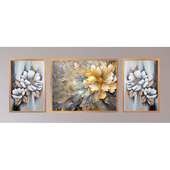 3lü Dekoratif Yağlı Boya Görünümlü Çerçeveli Tablo , Ev Dekoru , Soyut Tablo , Ahşap Tablo