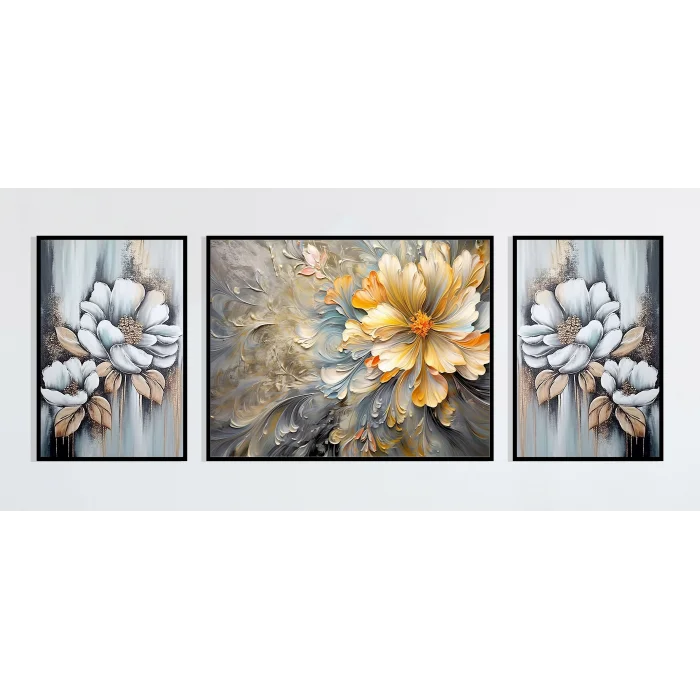 3lü Dekoratif Yağlı Boya Görünümlü Çerçeveli Tablo , Ev Dekoru , Soyut Tablo , Ahşap Tablo