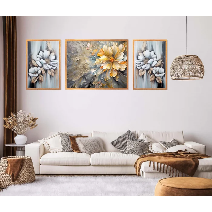 3lü Dekoratif Yağlı Boya Görünümlü Çerçeveli Tablo , Ev Dekoru , Soyut Tablo , Ahşap Tablo