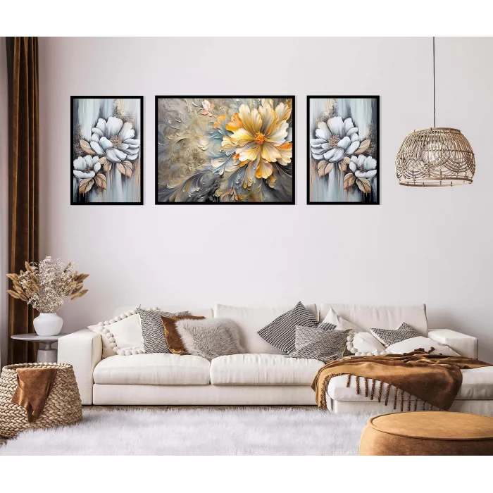 3lü Dekoratif Yağlı Boya Görünümlü Çerçeveli Tablo , Ev Dekoru , Soyut Tablo , Ahşap Tablo