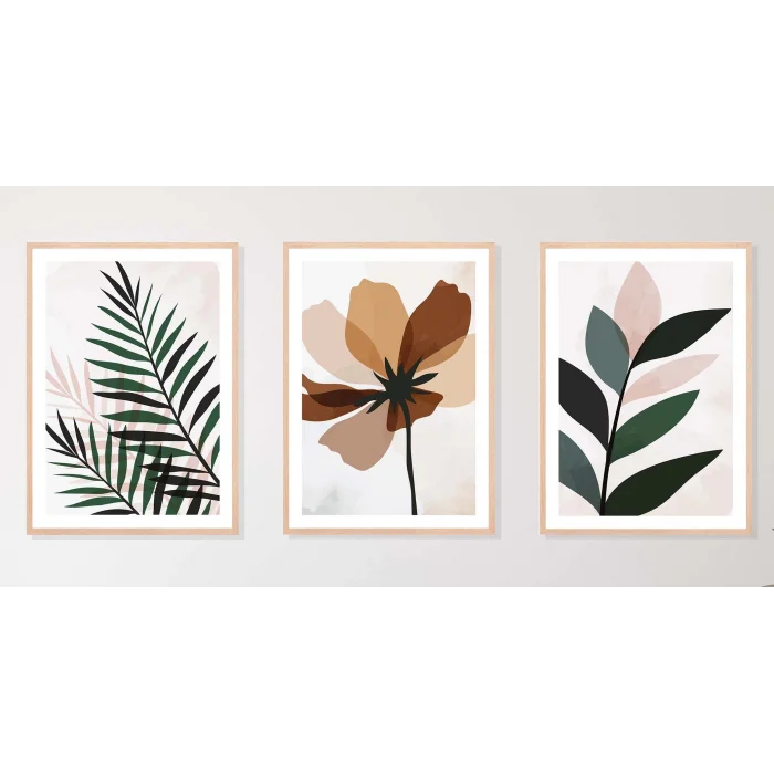 3lü Dekoratif Yapraklar Çerçeveli Tablo , Ev Dekoru , Soyut Tablo , Ahşap Tablo