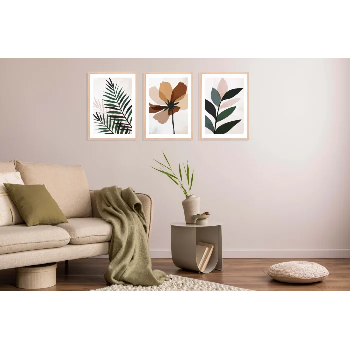 3lü Dekoratif Yapraklar Çerçeveli Tablo , Ev Dekoru , Soyut Tablo , Ahşap Tablo