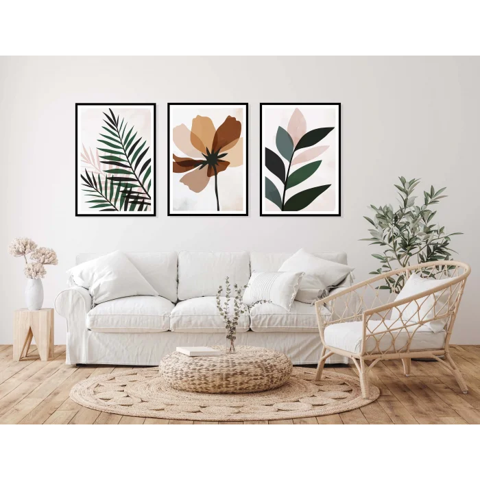 3lü Dekoratif Yapraklar Çerçeveli Tablo , Ev Dekoru , Soyut Tablo , Ahşap Tablo