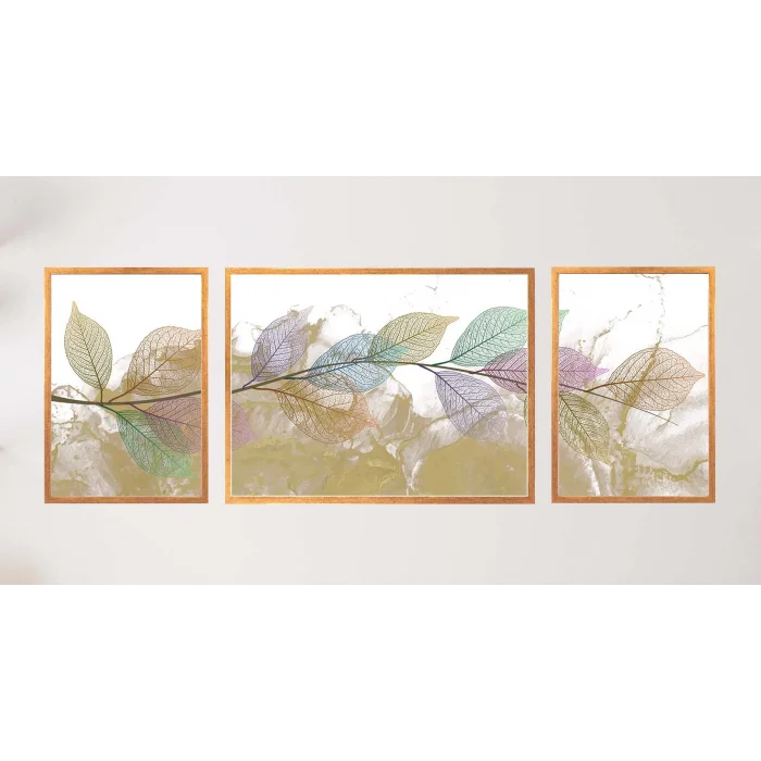 3lü Dekoratif Yeşil Mor Yaprak Çerçeveli Tablo , Ev Dekoru , Soyut Tablo , Ahşap Tablo