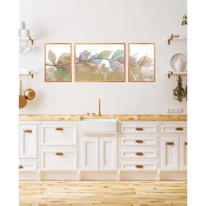 3lü Dekoratif Yeşil Mor Yaprak Çerçeveli Tablo , Ev Dekoru , Soyut Tablo , Ahşap Tablo