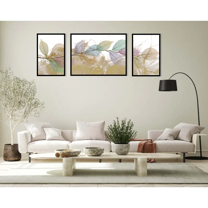 3lü Dekoratif Yeşil Mor Yaprak Çerçeveli Tablo , Ev Dekoru , Soyut Tablo , Ahşap Tablo