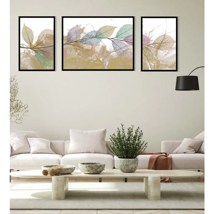 3lü Dekoratif Yeşil Mor Yaprak Çerçeveli Tablo , Ev Dekoru , Soyut Tablo , Ahşap Tablo