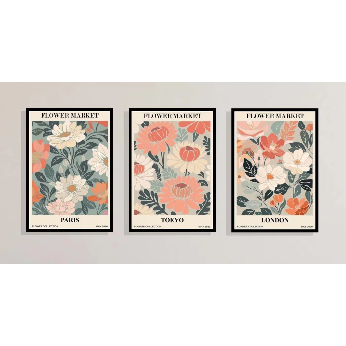 3lü Flowers London Çerçeveli Ahşap Tablo , Ev Dekoru , Soyut Tablo , Ahşap Tablo