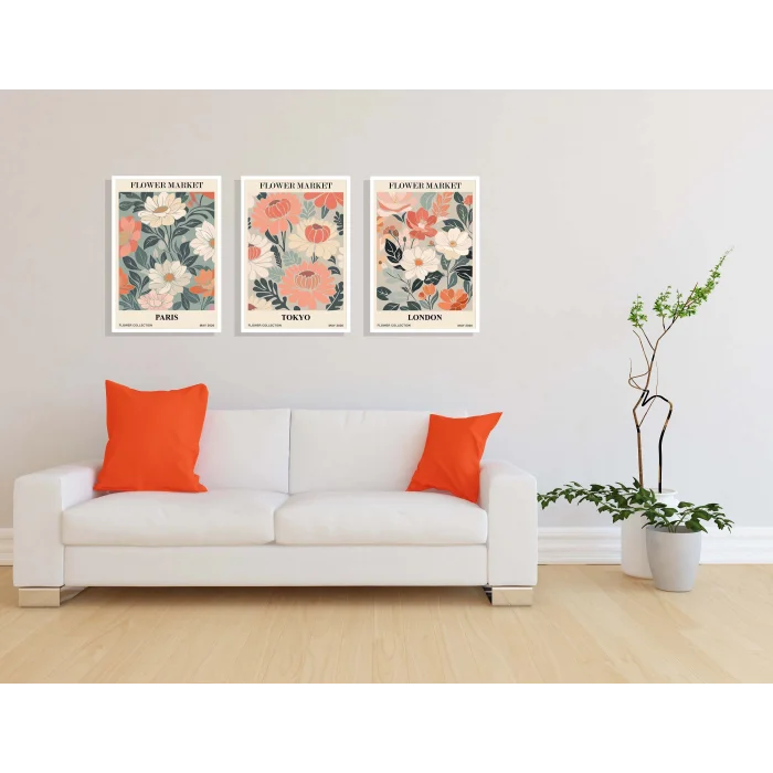 3lü Flowers London Çerçeveli Ahşap Tablo , Ev Dekoru , Soyut Tablo , Ahşap Tablo