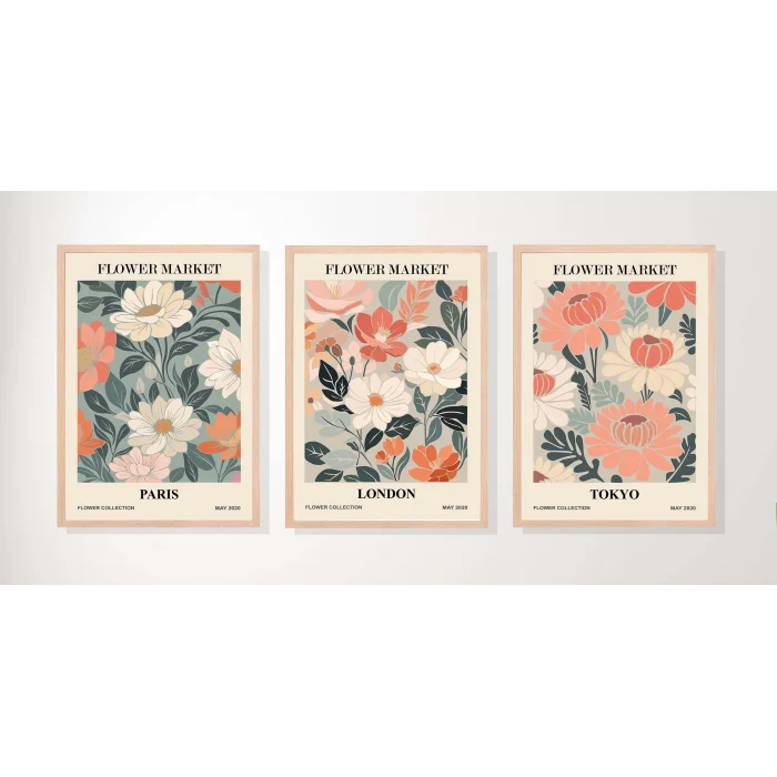 3lü Flowers London Çerçeveli Ahşap Tablo , Ev Dekoru , Soyut Tablo , Ahşap Tablo