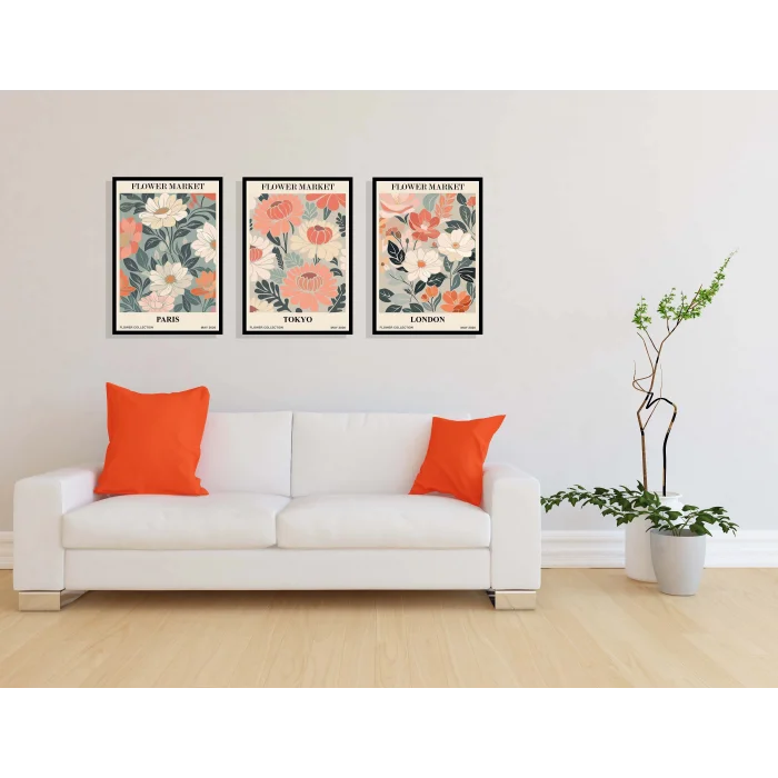 3lü Flowers London Çerçeveli Ahşap Tablo , Ev Dekoru , Soyut Tablo , Ahşap Tablo