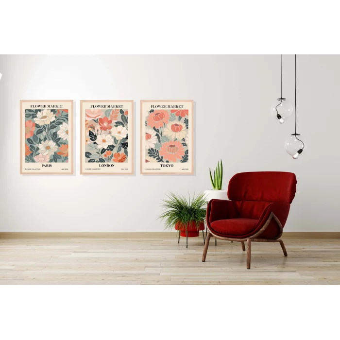 3lü Flowers London Çerçeveli Ahşap Tablo , Ev Dekoru , Soyut Tablo , Ahşap Tablo