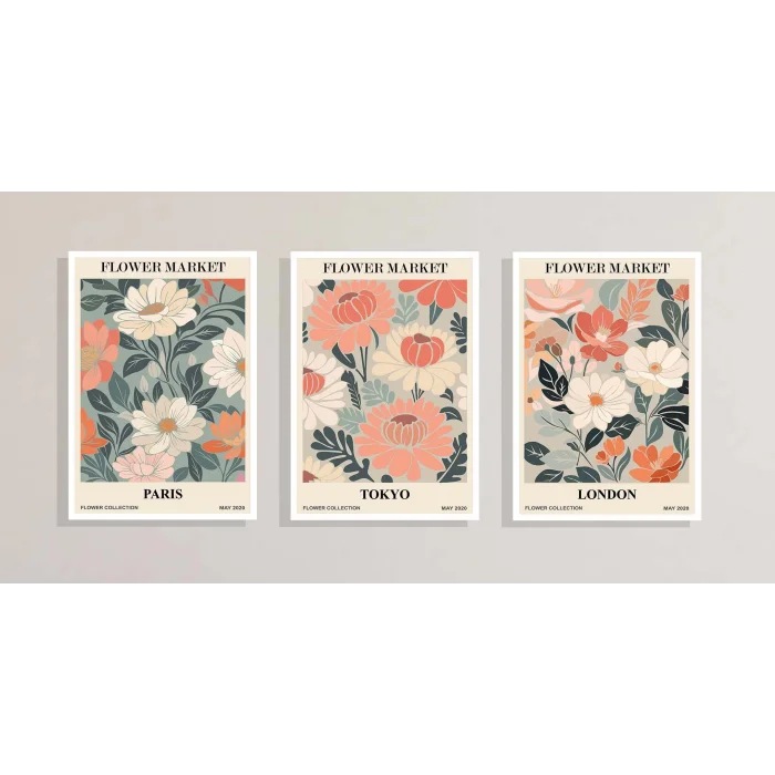 3lü Flowers London Çerçeveli Ahşap Tablo , Ev Dekoru , Soyut Tablo , Ahşap Tablo