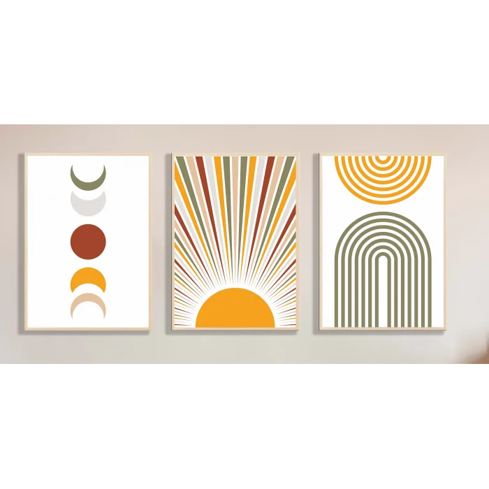 3lü Güneş ve Ay Dekoratif Çerçeveli Tablo , Ev Dekoru , Soyut Tablo , Ahşap Tablo