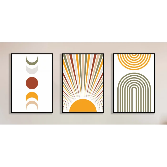 3lü Güneş ve Ay Dekoratif Çerçeveli Tablo , Ev Dekoru , Soyut Tablo , Ahşap Tablo