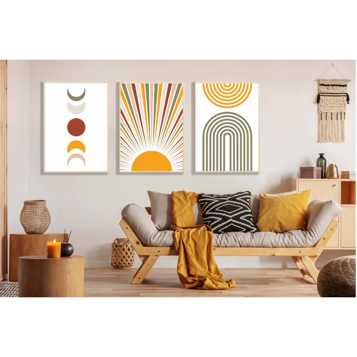 3lü Güneş ve Ay Dekoratif Çerçeveli Tablo , Ev Dekoru , Soyut Tablo , Ahşap Tablo