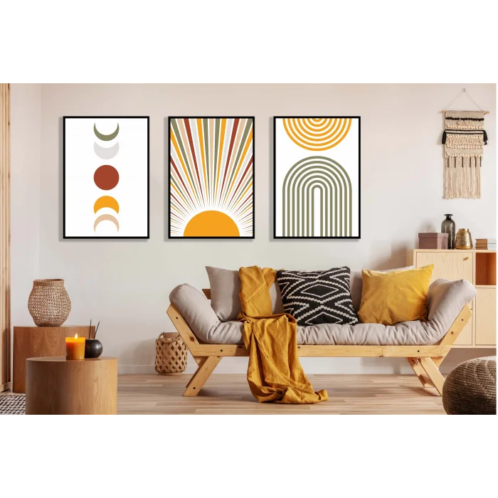 3lü Güneş ve Ay Dekoratif Çerçeveli Tablo , Ev Dekoru , Soyut Tablo , Ahşap Tablo