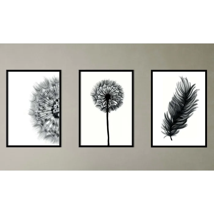 3lü Karahindiba Çerçeveli Ahşap Tablo , Ev Dekoru , Soyut Tablo , Ahşap Tablo