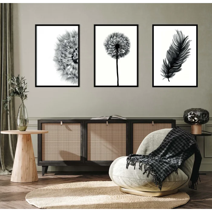 3lü Karahindiba Çerçeveli Ahşap Tablo , Ev Dekoru , Soyut Tablo , Ahşap Tablo