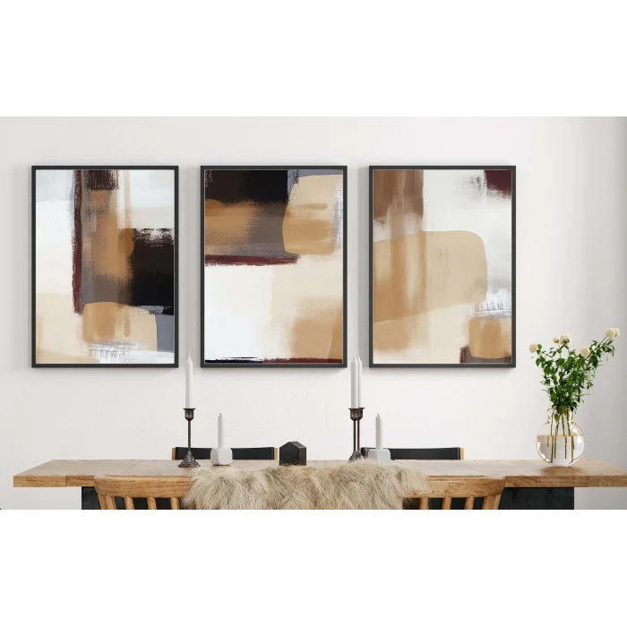3lü Krem, Soyut Çerçeveli Tablo Life , Ev Dekoru , Soyut Tablo , Ahşap Tablo