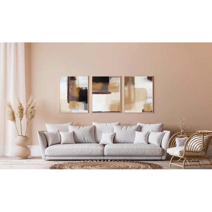 3lü Krem, Soyut Çerçeveli Tablo Life , Ev Dekoru , Soyut Tablo , Ahşap Tablo