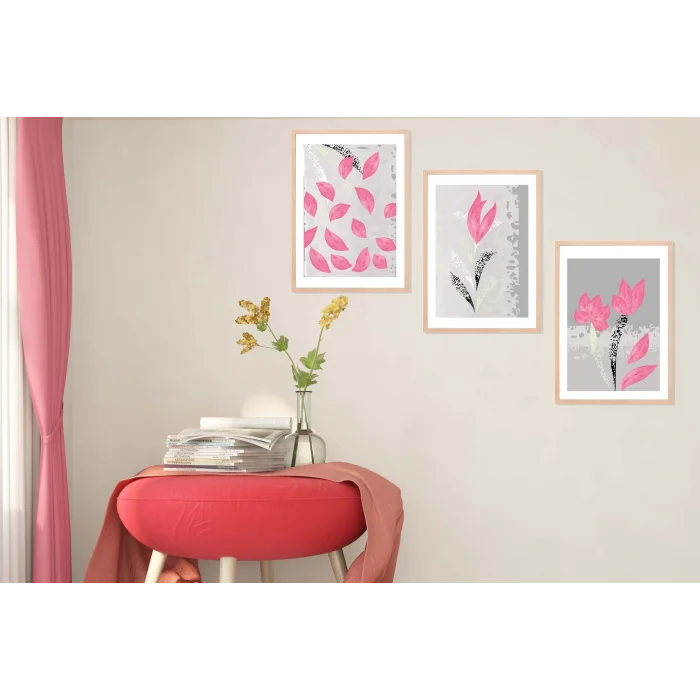 3lü Pembe Soyut Çerçeveli Tablo , Ev Dekoru , Soyut Tablo