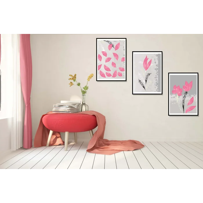 3lü Pembe Soyut Çerçeveli Tablo , Ev Dekoru , Soyut Tablo