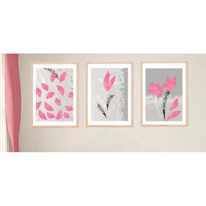 3lü Pembe Soyut Çerçeveli Tablo , Ev Dekoru , Soyut Tablo